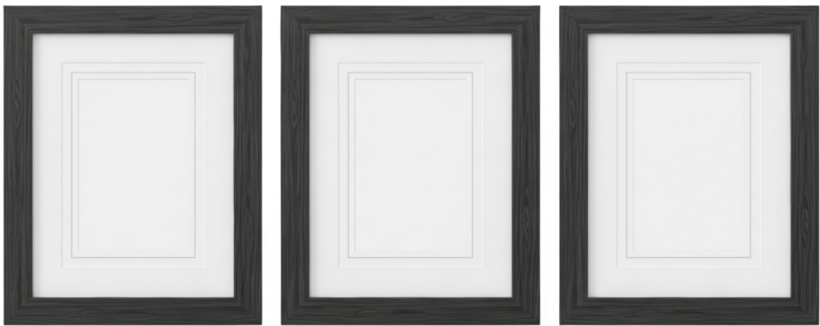 Three grey wooden picture frames with white mats side by side isolate wooden frame