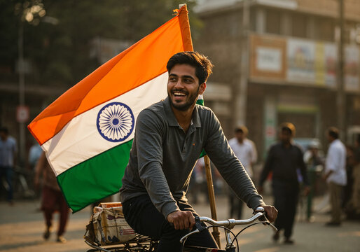 Patriotic young man celebrating Independence Day by riding his bicycle with a large Indian flag