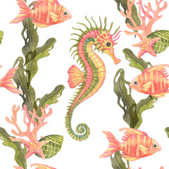Pink-orange reef fish, algae tendrils, corals and sea stars and green seahorses painted in watercolor clipart form a seamless pattern perfect for marine-themed packaging, fabric, and wall art