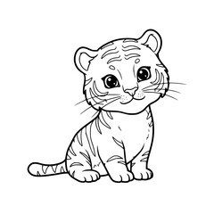 Fototapeta premium Cute tiger cub sits looking forward with big eyes