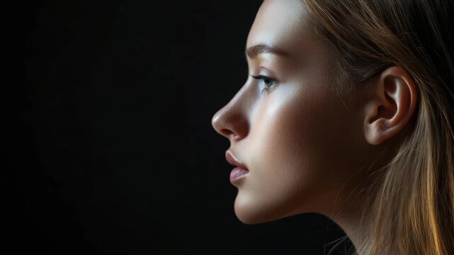 Profile view of young Caucasian woman with blue eyes and blonde hair against dark background