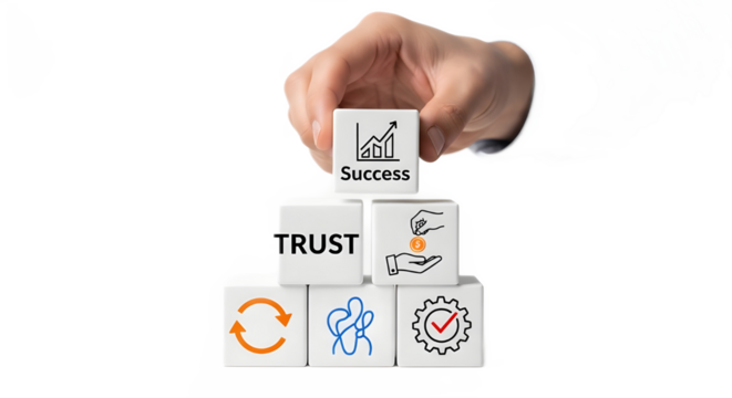 Hand building a business success pyramid with blocks for trust, strategy, and investment