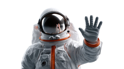 Cosmic Greetings: An astronaut in a pristine spacesuit, extending a welcoming gesture in a realistic display, suggesting an invitation into the vast unknown.