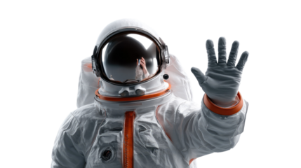 Cosmic Greetings: An astronaut in a pristine spacesuit, extending a welcoming gesture in a realistic display, suggesting an invitation into the vast unknown.