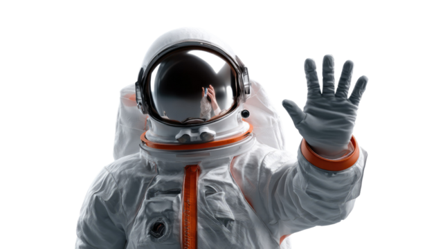 Cosmic Greetings: An astronaut in a pristine spacesuit, extending a welcoming gesture in a realistic display, suggesting an invitation into the vast unknown.
