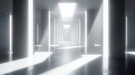 Fototapeta premium Empty, bright, modern, light-filled hallway with pillars, illuminated by sunlight.