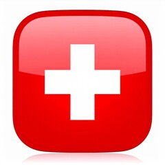 Obraz premium Glossy Red Square with White Cross Symbol for Health and Aid on White Background