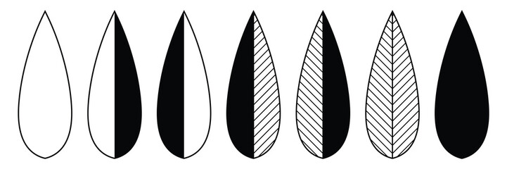 Set stylized geometric leaves, black isolated silhouette on white background, vector design