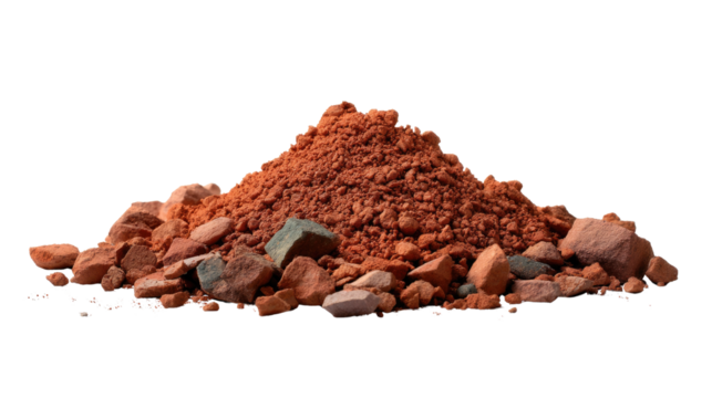 Red Soil Pile: A close-up of a pile of red soil, showcasing its rich color and texture, with rocks around, emphasizing the earth's raw beauty and the natural elements.