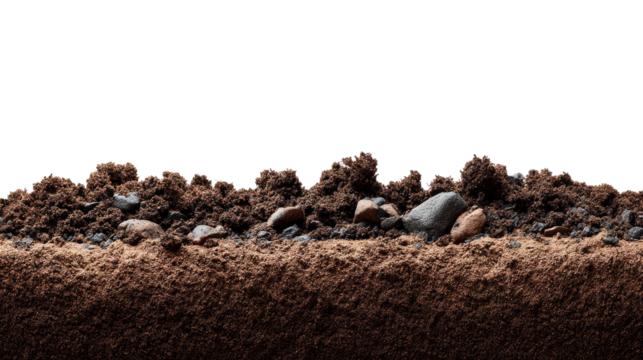 Cross-Section of Earth's Foundation: A detailed cross-section reveals the layers of rich soil, with visible rock fragments and textures of earth, ideal for agricultural imagery.
