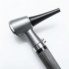Silver Metal Otoscope with Black Tip on White Background for Ear Examination and Diagnosis