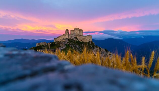 Mountaintop castle at sunset