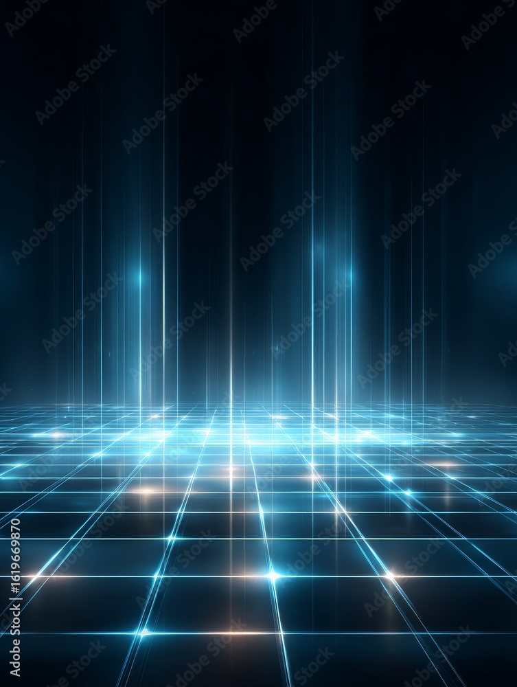 Poster blue grid pattern with glowing lines and digital elements