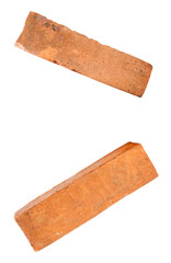 Side view of two cracked old red or orange bricks in set isolated with clipping path in png file format