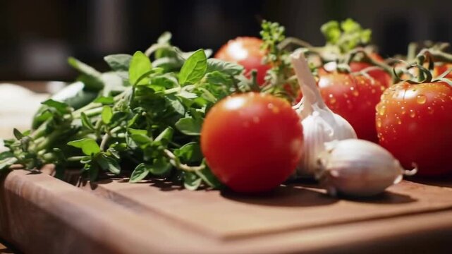Fresh tomatoes and garlic glistening with water droplets on a wooden cutting board, ready for preparation.