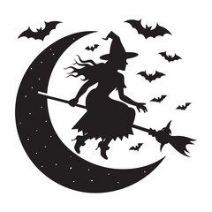 Silhouette of a witch flying on a broomstick across a crescent moon with bats