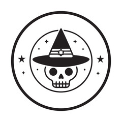 Halloween skull with witch hat emblem in circle