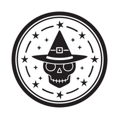 Spooky skull wearing a witch hat inside a circle with stars