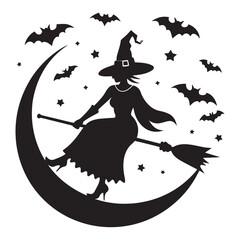 Silhouette of a witch flying on a broomstick across a crescent moon with bats and stars