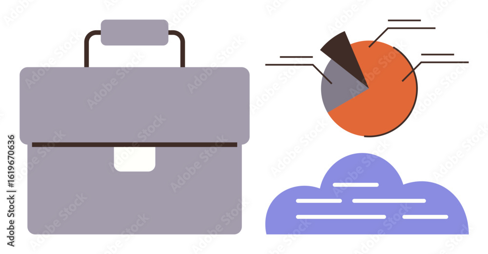 Poster briefcase symbolizing work, pie chart showing data analytics, and cloud icon indicating digital stor