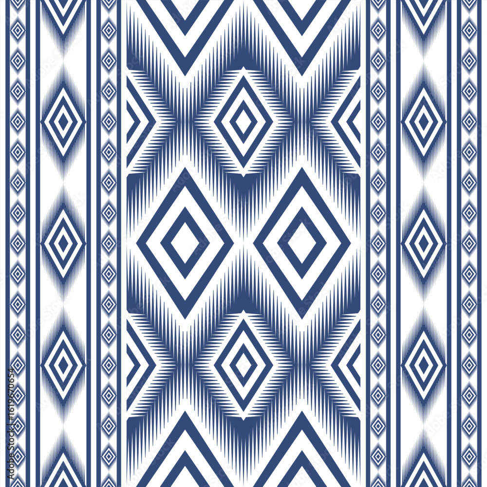 Poster repeating geometric pattern featuring interlocking diamonds and zig zag elements in navy blue and wh