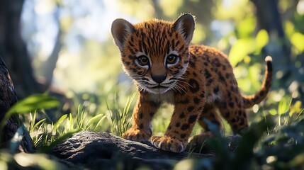 Obraz premium A stunning spotted leopard, a powerful predator and big cat, rests on a rock and in a tree, showcasing its majestic wildlife nature