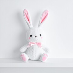 Obraz premium Plush White Bunny with Pink Bow on White Shelf in Studio Setting and Soft Lighting