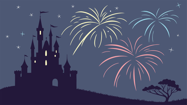 Fairytale Castle Silhouette at Night with Pastel Fireworks Display: Magical, Whimsical, Festive Illustration for Children's Books, Cards, and Celebrations.