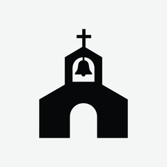 Simple black silhouette of a church with cross and bell tower on white background. Minimalist, balanced, symbolic religious icon clipart.