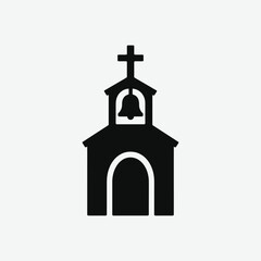 Simple black silhouette of a church with cross and bell tower on white background. Minimalist, balanced, symbolic religious icon clipart.
