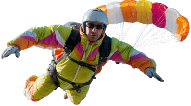 Soaring Sky: A daring individual fearlessly plunges from above, masterfully navigating a vibrant parachute against the endless blue expanse. Capturing the essence of freedom, the thrill of adventure.