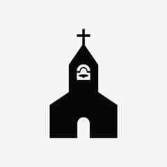 Simple black silhouette of a church with cross and bell tower on white background. Minimalist, balanced, symbolic religious icon clipart.