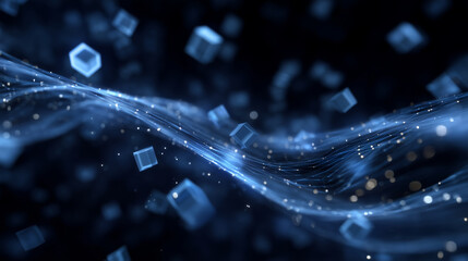 An abstract digital background with floating geometric black cubes, glowing particle waves flowing between them, symbolizing decentralized computing, artificial intelligence, and q