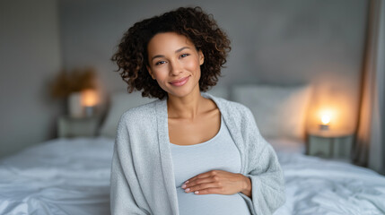 A serene pregnant woman sitting in a cozy, softly lit room, gently holding her baby bump with a peaceful smile, surrounded by prenatal care items like vitamins, ultrasound photos,