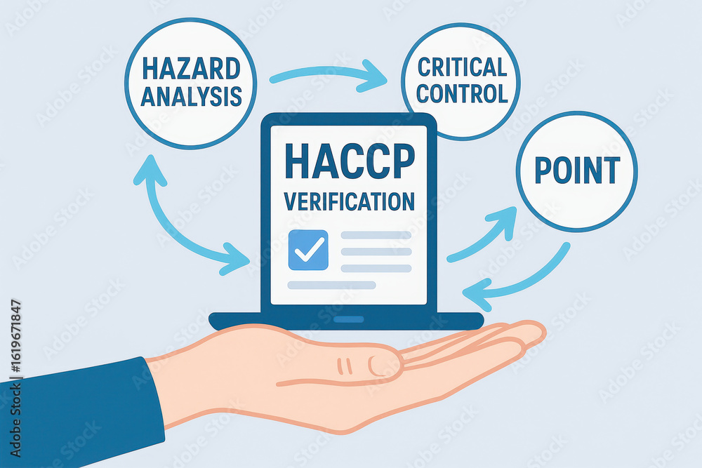 Poster haccp hazard analysis critical control point verification concept with hand holding laptop and arrow
