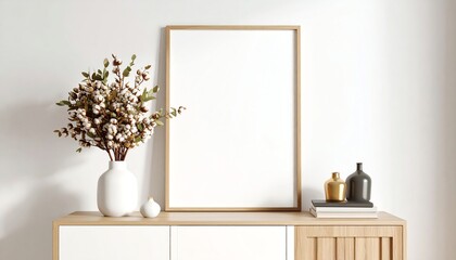 Blank frame vase flowers and a wooden cabinet. Versatile composition for interior design projects, home decor blogs, or creating mockups showcasing floral arrangements in a living space.