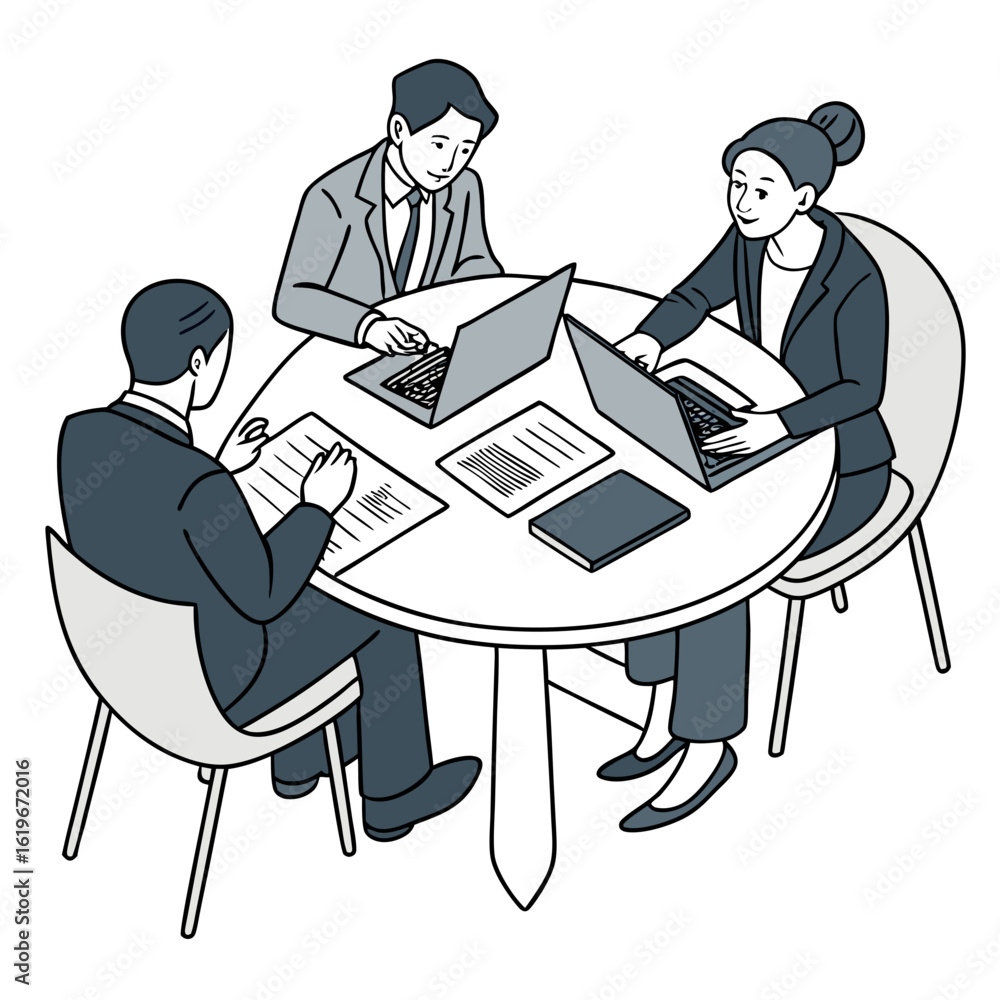 Poster three business professionals in suits collaborating around a round table with laptops and documents