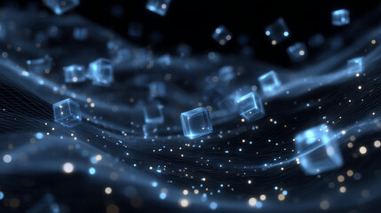 Obraz premium Dark geometric 3D cubes suspended in space, surrounded by soft particle waves and glowing data streams, representing distributed AI networks and quantum computation abstract digita