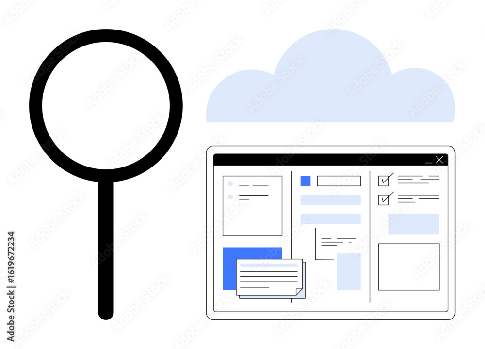 Poster magnifying glass near cloud and dashboard interface with checkboxes, text fields, panels. ideal for 