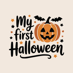 My First Halloween Cute Pumpkin and Bat Baby T Shirt Design for Halloween Celebration

