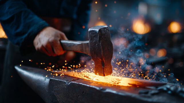 A powerful blacksmith in a dimly lit forge, hammering glowing hot metal on an anvil, sparks flying around, intense heat and smoke, traditional craftsmanship atmosphere blacksmith,