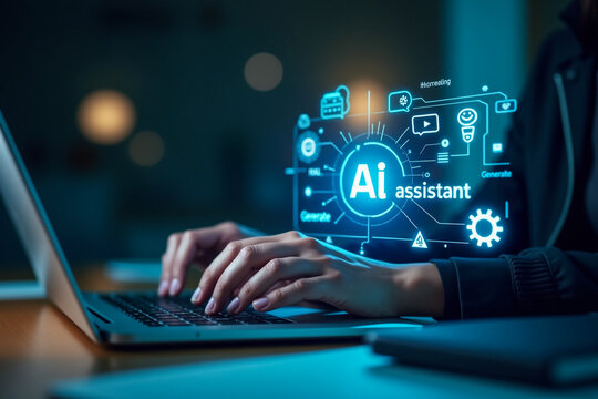 businessman typing on laptop.AI-powered code analysis and system error detection, robot assistant identifying bugs in real-time. Perfect for content about intelligent programming, debugging.