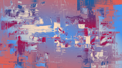 Blurred reflections, misty, moody mix of violet, white, steel blue, and muted red with smudged brush texture and a reflective feel