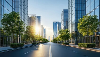 Naklejka premium Empty city street, modern buildings, sunrise