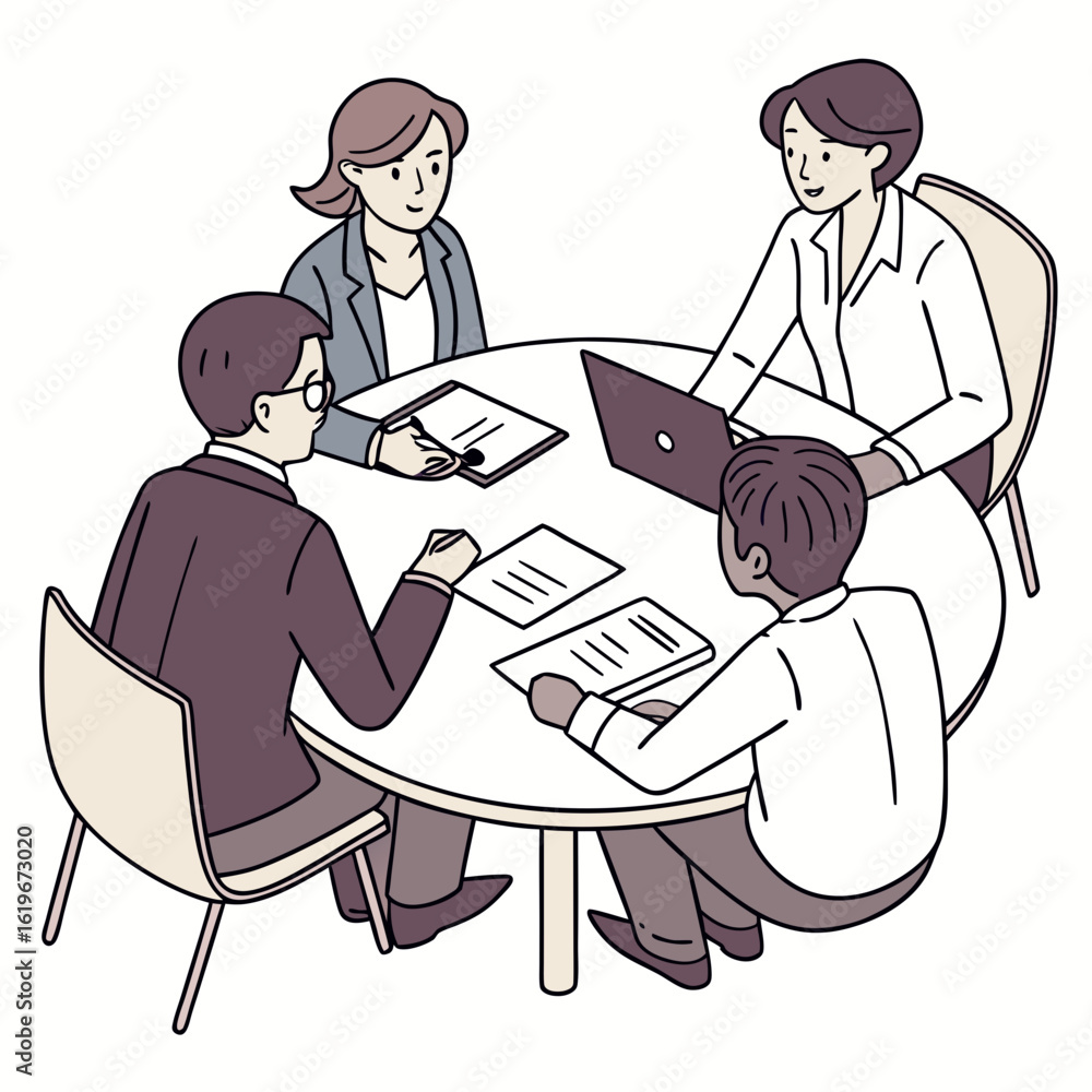 Poster diverse group of business professionals collaborating around a round table with laptops and document