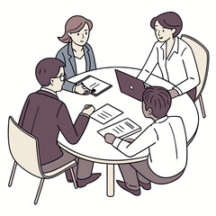 Diverse group of business professionals collaborating around a round table with laptops and documents