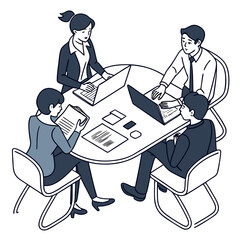 Diverse business professionals collaborating around a round table with laptops and documents during a meeting