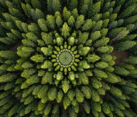 Aerial view of a forest arranged in a mandala pattern