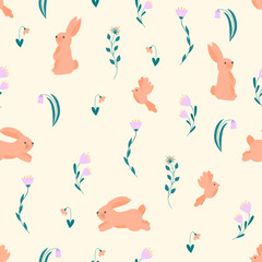 Bunnies, birds and flowers in coral color. Summer, spring, Easter children's seamless animal pattern. Hand drawn fabric design for kids with rabbits. Nature, forest fauna on beige background