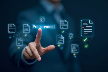 businessman pressing social network icon.Touchless digital procurement workflow concept showing a hand selecting invoice documents with verification icons. Suitable for ERP software, B2B purchase mana